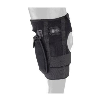 Schwarze verstellbare Haustierkniebandage mit Riemen und Steuerknöpfen, entworfen für Unterstützung und Stabilität.