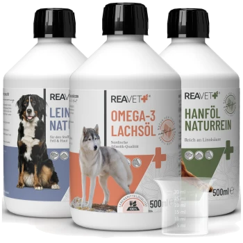 Drei REAVET+ Tiernahrungsergänzungsflaschen: Leinsamen Natur (Fell/Haut), Omega-3 Lachsöl (nordische Qualität) und Hanföl Naturrein (Linolsäure).