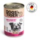 Dosen-Hundefutter "DOGS'n TIGER" mit einem glücklichen Hund, beschriftet mit "ABENDBROT LAMM MIT PASTINAKE," 100% natürlich, hergestellt in Deutschland.