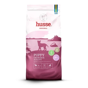 Super Premium Hundefutterbeutel mit der Aufschrift "Valp Maxi" für Welpen größerer Rassen, mit 81% tierischem Protein und einem Taurin-Symbol.