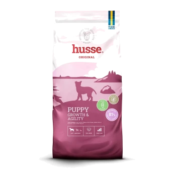 Super Premium Hundefutterbeutel mit der Aufschrift "Valp Maxi" für Welpen größerer Rassen, mit 81% tierischem Protein und einem Taurin-Symbol.