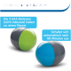 Bild von zwei bunten Haustierspielzeugen, eines grün und eines blau, mit Text, der Informationen zur Batterie und zur automatischen Abschaltfunktion hervorhebt.