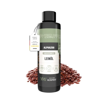 Flasche mit ALPHAZOO Leinsamenöl für Haustiere, beschriftet mit "LEINÖL," mit Pfotenabdruck-Design und Ansprüchen auf Omega 3 und kaltgepresste Qualität.