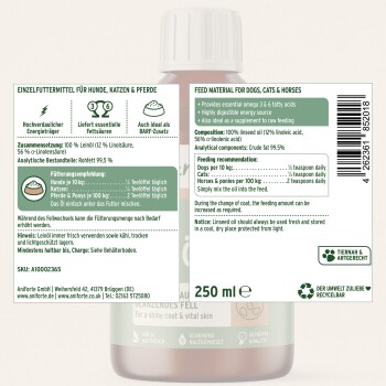 250-ml-Leinöl-Etikett für Hunde, Katzen & Pferde mit Fütterungsempfehlungen, Zusammensetzung und Recyclinglogo.