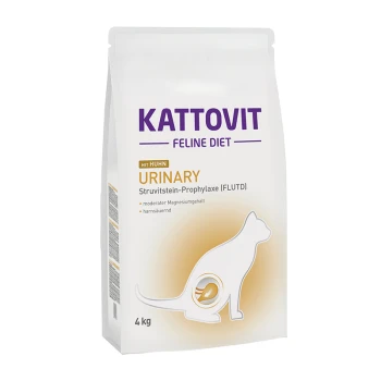 Sac de nourriture pour chats Kattovit Feline Diet Urinary, 4 kg, présentant une silhouette de chat et un texte soulignant la santé urinaire et un contenu modéré en magnésium.