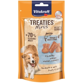 Vitakraft Treaties Minis Hundesnacks Verpackung, die Lachs-Geschmack zeigt, mit über 70 % Fleischgehalt und Ansprüchen auf Omega 3 für Haut und Fell.