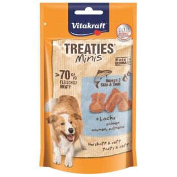 Vitakraft Treaties Minis Hundesnacks Verpackung, die Lachs-Geschmack zeigt, mit über 70 % Fleischgehalt und Ansprüchen auf Omega 3 für Haut und Fell.