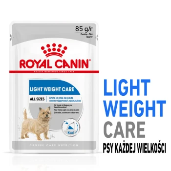 Torebka karmy dla psów Royal Canin Light Weight Care, 85g, z ilustracją psa i tekstem w wielu językach na temat zarządzania wagą dla wszystkich rozmiarów.
