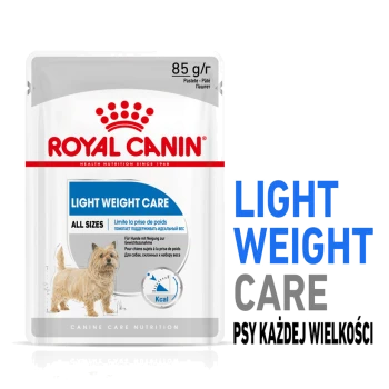 Torebka karmy dla psów Royal Canin Light Weight Care, 85g, z ilustracją psa i tekstem w wielu językach na temat zarządzania wagą dla wszystkich rozmiarów.