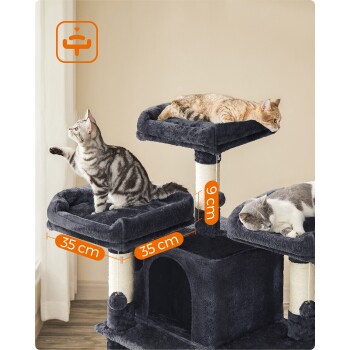 Zwei Katzen auf einem dunkelgrauen Kratzbaum: eine sitzt aufrecht, die andere schläft. Die Plattformen sind 35 cm breit und 9 cm hoch.