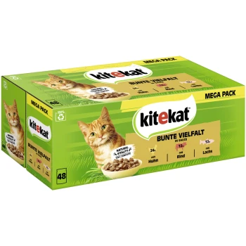 Kitekat Mega Pack Katzenfutterbox mit einer verspielten orangefarbenen Katze, mit 48 Portionen in verschiedenen Geschmacksrichtungen: 24 Huhn, 12 Rind und 12 Lachs.