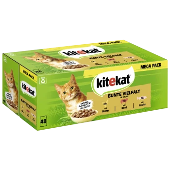 Pudełko karmy dla kotów Kitekat Mega Pack z zabawnym pomarańczowym kotem, zawierające 48 porcji w różnych smakach: 24 kurczaka, 12 wołowiny i 12 łososia.