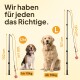 Hundespielzeugausstellung mit zwei Hunden und drei Spielzeuggrößen. Text: "Wir haben für jeden das Richtige." Größen: S/M (bis 10 kg) und L (über 10 kg).