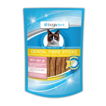 Tandvezelsticks voor katten, met een kattengezicht op de verpakking, met 86% zalm en kip, en beweert tandplak te voorkomen.