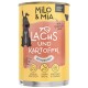Dosen-Hundefutter "Milo & Mia" mit Lachs und Kartoffel, mit einem Cartoon-Hund und Hervorhebungen: "Erwachsenenhund", "Immunsystem-Booster" und mehr.