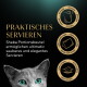 Graue Katze mit türkisfarbenen Augen, Überschrift 'PRAKTISCHES SERVIEREN' und drei Symbole mit den Beschriftungen ÖFFNEN / HERAUSDRÜCKEN / SERVIEREN.