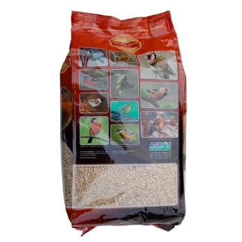 Eine Tüte Vogelfutter mit der Aufschrift 'Bird's Best', mit Bildern verschiedener Vögel auf der Vorderseite und einer klaren Sicht auf die Samen im Inneren.