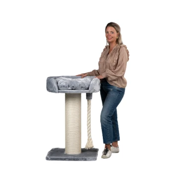 Eine Frau steht neben einem plüschigen grauen Katzenbaum mit einem weichen Bett oben und einem mit Sisal umwickelten Kratzbaum, der sein Design zeigt.