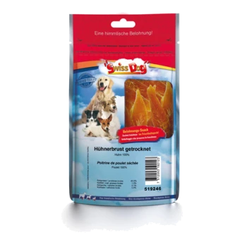 Verpackung von getrockneten Hühnerbrust-Hundeleckerlis mit dem Text "Swiss Dog" und "Hühnerbrust getrocknet" mit Bildern von Hunden.