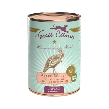 Dose mit Terra Canis Hundefutter, die eine Truthahn-Illustration zeigt, mit der Aufschrift "GETREIDEFREI" (getreidefrei) und Zutaten: Sellerie, Kürbis und Brunnenkresse.