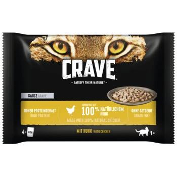 CRAVE Katzenfutterverpackung, die das Gesicht einer Katze zeigt, mit hervorgehobenen Texten: "Hoher Proteingehalt," "100% natürliches Huhn," und "Getreidefrei."
