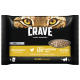 CRAVE Katzenfutterverpackung, die das Gesicht einer Katze zeigt, mit hervorgehobenen Texten: "Hoher Proteingehalt," "100% natürliches Huhn," und "Getreidefrei."