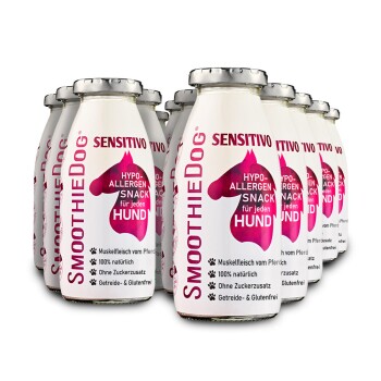 Flaschen von SmoothieDog Sensitivo hypoallergenem Hundesnack mit bestem Pferdefleisch, ausgewogener Rezeptur, natürlich, zucker- und glutenfrei.