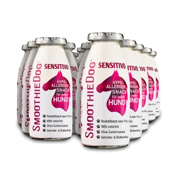 Flaschen von SmoothieDog Sensitivo hypoallergenem Hundesnack mit bestem Pferdefleisch, ausgewogener Rezeptur, natürlich, zucker- und glutenfrei.
