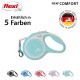 Flexi ausziehbare Hundeleine in Hellblau, gekennzeichnet mit "NEW COMFORT", erhältlich in 5 Farben, mit einem Qualitätssiegel, das "Made in Germany" anzeigt.