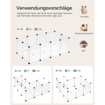 Transparente Haustiergehege-Vorschläge für Hamster, Meerschweinchen und Igel, mit Montageanleitungen und Komponentenanzahlen.