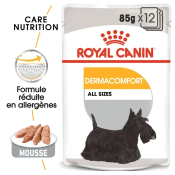 Sac de nourriture pour chiens Royal Canin Dermacomfort avec un terrier écossais noir et le texte "Care Nutrition" et "Formule réduite en allergènes."