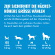 Deutsche Spielzeugsicherheitsgrafik mit der Aufschrift 'Zur Sicherheit die nächsthöhere Größe wählen' mit Hundesilhouetten und Gewichtsangaben in lb und kg.