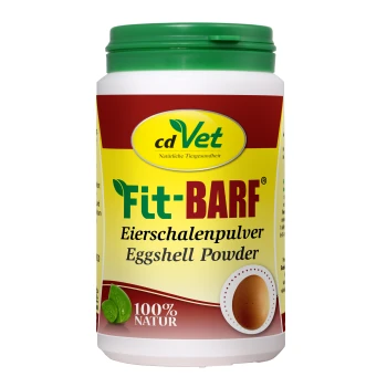 Behälter mit cdVet Fit-BARF Eierschalenpulver, beschriftet in Deutsch und Englisch, mit dem Hinweis '100% NATUR' und einer Eiergrafik.