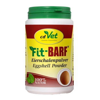 Behälter mit cdVet Fit-BARF Eierschalenpulver, beschriftet in Deutsch und Englisch, mit dem Hinweis '100% NATUR' und einer Eiergrafik.