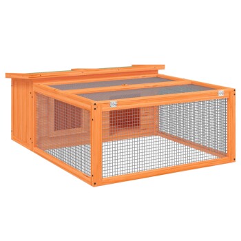 Holzaußenbereich für Haustiere mit einem Netzoberteil und -seiten, in leuchtend orangefarbenem Finish und einem klappbaren Dach für einfachen Zugang.