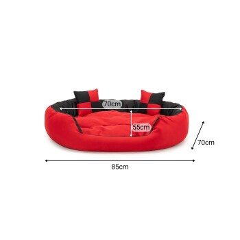 Rotes und schwarzes Haustierbett mit beschrifteten Abmessungen: 85 cm Länge, 70 cm Breite und 55 cm Höhe, mit zwei kleinen Seitkissen.