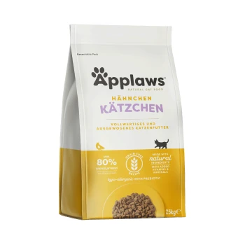 Applaws natürliche Katzenfuttertasche mit dem Etikett 'Hähnchen Kätzchen', 7,5 kg, getreidefrei, 80 % tierisches Protein, hypoallergen mit Präbiotikum.