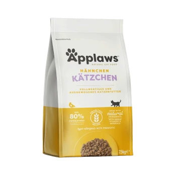 Applaws natürliche Katzenfuttertasche mit dem Etikett 'Hähnchen Kätzchen', 7,5 kg, getreidefrei, 80 % tierisches Protein, hypoallergen mit Präbiotikum.