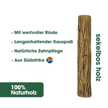 Sekelbos Holzkaustick für Haustiere mit den Texten: "100% Naturholz," "Mit wertvoller Rinde," "Langanhaltender Kauspaß," "Natürliche Zahnpflege."