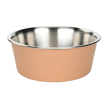 Eine Edelstahlschüssel für Haustiere mit einem pfirsichfarbenen Äußeren, mit einem glatten, runden Design und einem glänzenden Inneren.
