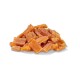 A pile of orange-brown pet treats, resembling chewy sticks, on a white background.
