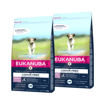 Torby z suchą karmą dla szczeniąt Eukanuba bez zbóż, z biegającym szczeniakiem z przodu, oznaczone dla ras małych/średnich, 3 kg każda.