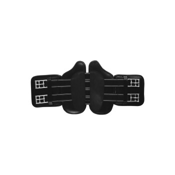 Schwarzes Haustiergeschirr mit verstellbaren Riemen und Metallverschlüssen, entworfen für Komfort und Sicherheit.