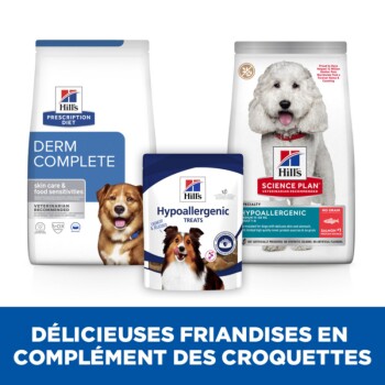 Produits alimentaires pour animaux de compagnie de Three Hill : "Derm Complete", "Friandises hypoallergéniques" et "Science Plan Hypoallergénique", avec une image de chien et un texte en dessous.