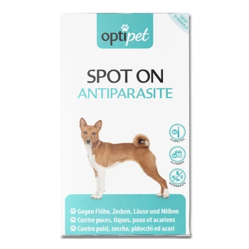 Verpackung für OptiPet Spot On Antiparasitenbehandlung mit einem Basenji-Hund, mit Text, der die Anwendung gegen Flöhe, Zecken und Milben beschreibt.