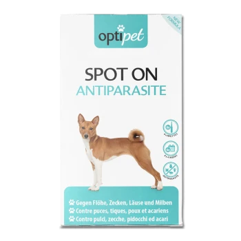 Verpackung für OptiPet Spot On Antiparasitenbehandlung mit einem Basenji-Hund, mit Text, der die Anwendung gegen Flöhe, Zecken und Milben beschreibt.