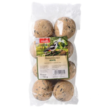 Packung mit 8 Vogelfutterbällen, beschriftet mit "Meisenknödel" für Wildvögel, mit einem bunten Bild eines Vogels auf einem Ast und Nährwertinformationen.