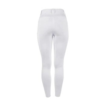 Weiße Leggings mit hohem Bund und subtilen Details an den hinteren Taschen, von hinten gezeigt.