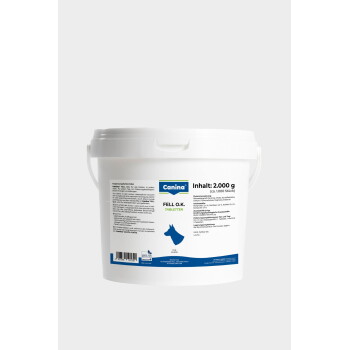 Weißer Kunststoff-Eimer eines Canina-Tierergänzungsmittels mit der Aufschrift „FELL O.K. TABLETTEN“, blauer Hundesilhouette und „Inhalt: 2.000 g“.