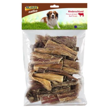 Eine durchsichtige Plastiktüte gefüllt mit Rinderhals-Leckerlis für Hunde, beschriftet mit "Rinderschlund" und "Pharynx de bœuf" mit einem Qualitätssiegel.